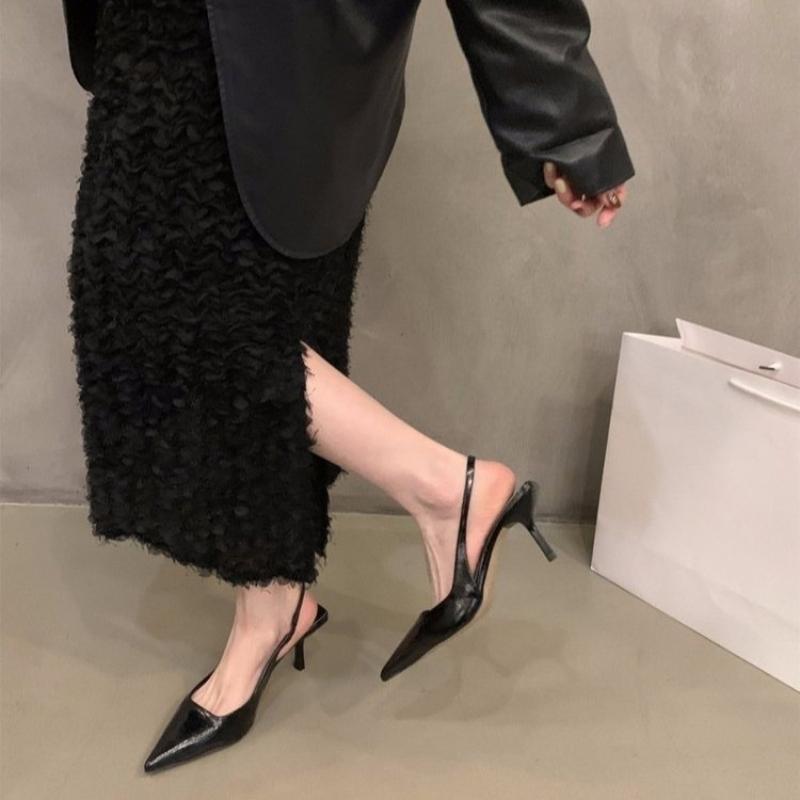 Fashion 2025 Straight Strap Pearl Patent Leather Pointed Toe Heels Stiletto Heel Nude Light Mouth Women's Shoes Sexy Sandals Spring New