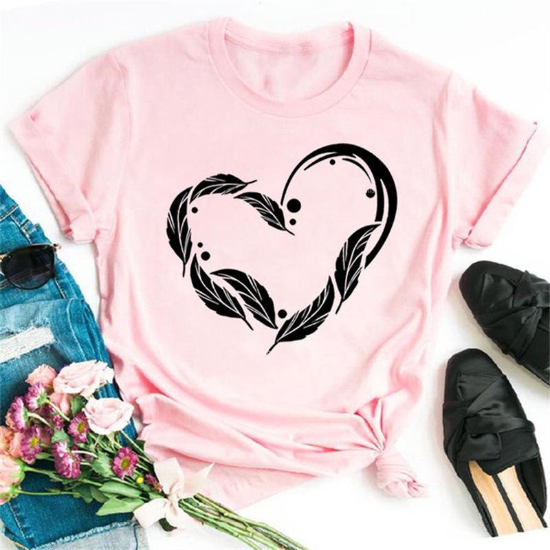 Classic Summer Crewneck T-shirt for Women - Short Sleeve Top with Romantic Love Heart Design