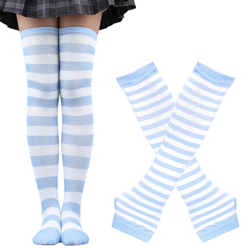 Women s Striped Over-the-Knee Thigh High Socks + Cuff Gloves , Soft Cotton Long Stockings for Cosplay & Daily Wear L военно-воздушные силы синий