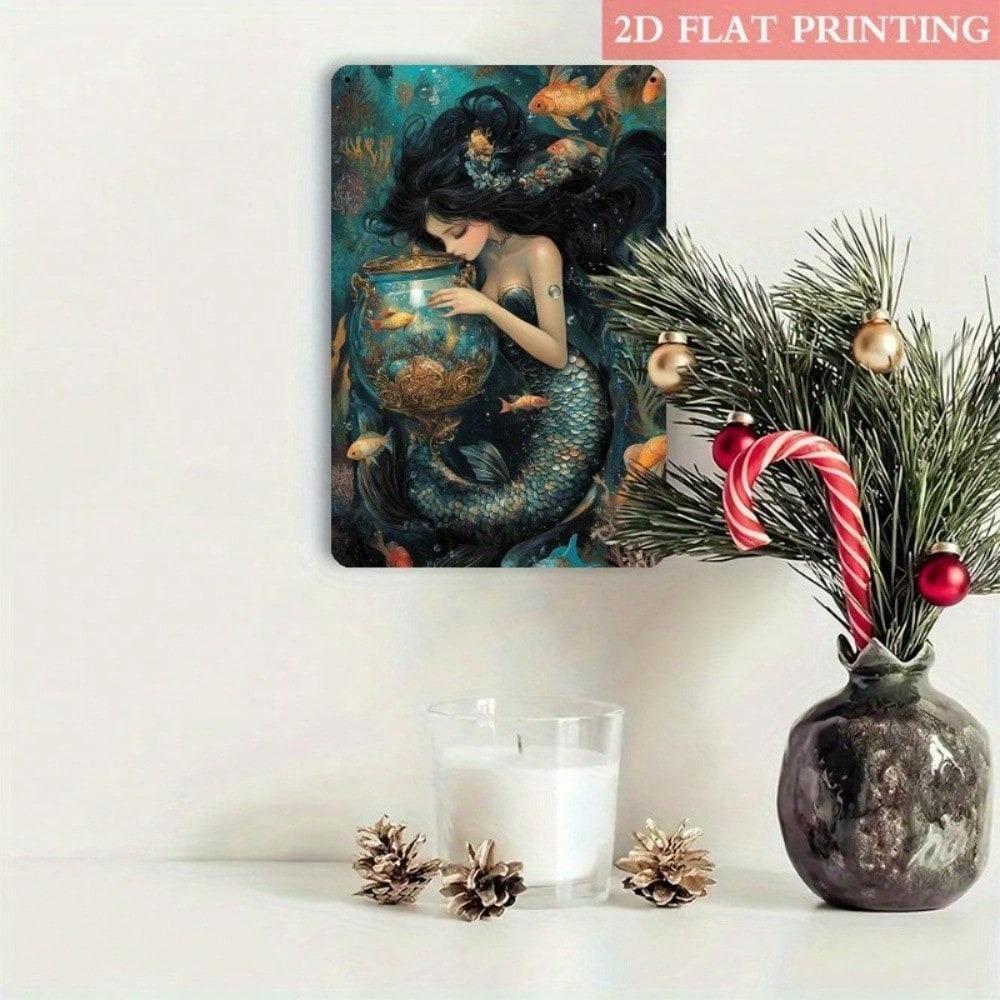 Metal Tin Sign Vintage Mermaid Goldfish Art 8x12 Inch Rustic Home Wall Decor Garage Bar Cafe