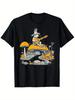 Lapin Jouant de la Guitare Forêt de Champignons Cottagecore Graphique T-shirt Homme Décontracté Manches Courtes Coton T-shirt