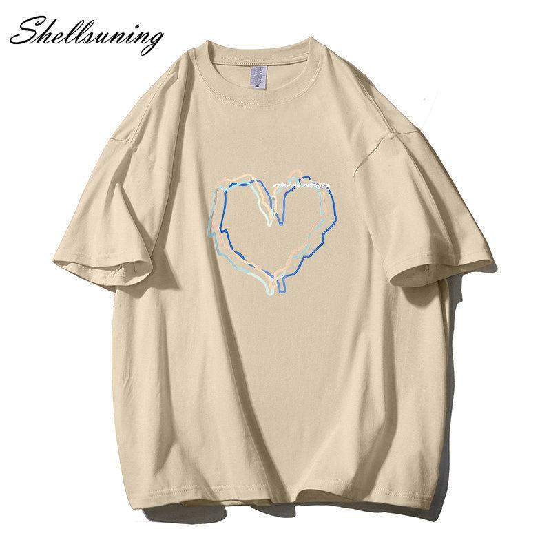 Shellsuning Loose O Neck Cotton Printed Shirts Women Summer Kawaii Heart Graphic Tees Female Casual Short Sleeve Base Black Tops