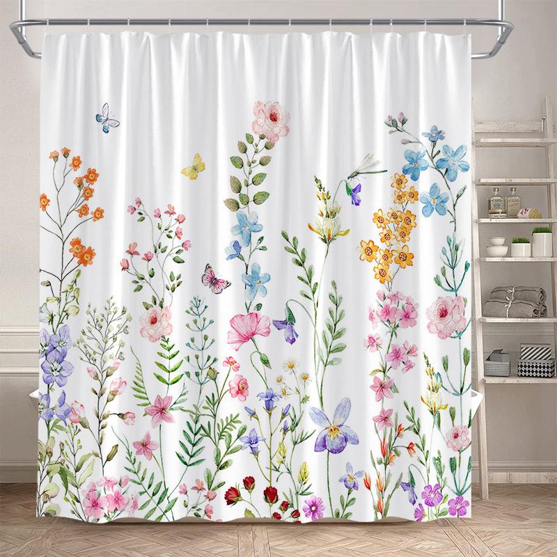 Floral Shower Curtain Blue Purple Pink Watercolour Flowers Plant Modern Minimalist Polyester Bathroom Decor Bath Curtains Set