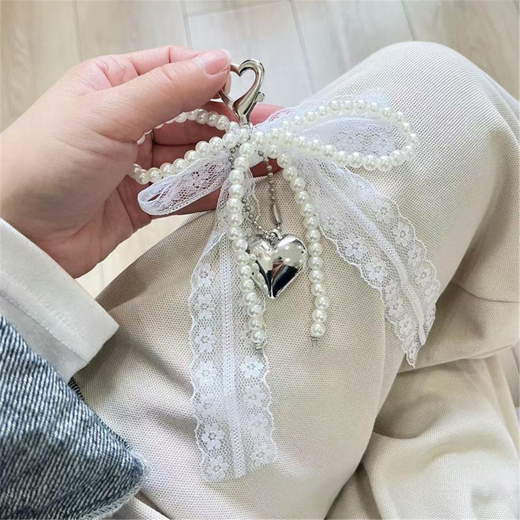 Aesthetic Keychain Charms,Lace Pearls Bows Bag Charm Pendant Sweet Heart Bows Keychain Charms Hanging Ornament for Women