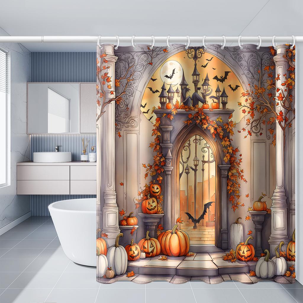 1pc Simulated Window Pumpkin Tree Halloween Bat Shower Curtain with Plastic Hooks, Decorated In Autumn and Winter Style