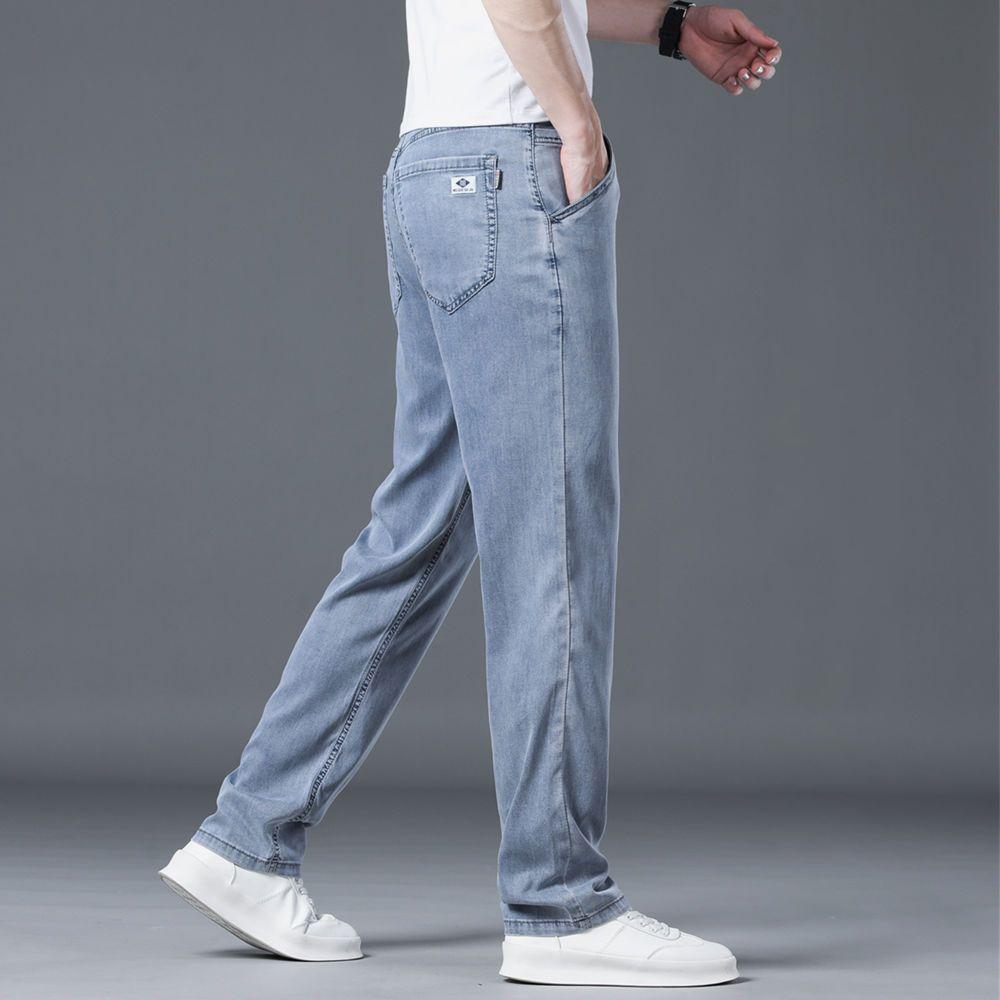 Letní ultratenké pánské džíny Lyocell Měkké Prodyšné Volné Rovné Světle modré Džínové kalhoty Business Casual Kalhoty z ledového hedvábí