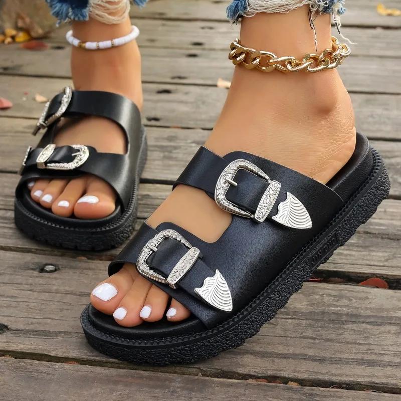 Fashion Women's Sandals High Quality Leopard Metal Buckle Design Slippers Sexy Comfort Non Slip Slide Sandals Summer Platform Flip Flops