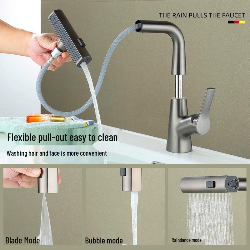 White Pull-Out Faucet Washbasin with Hot & Cold Single Hole Vanity Countertop