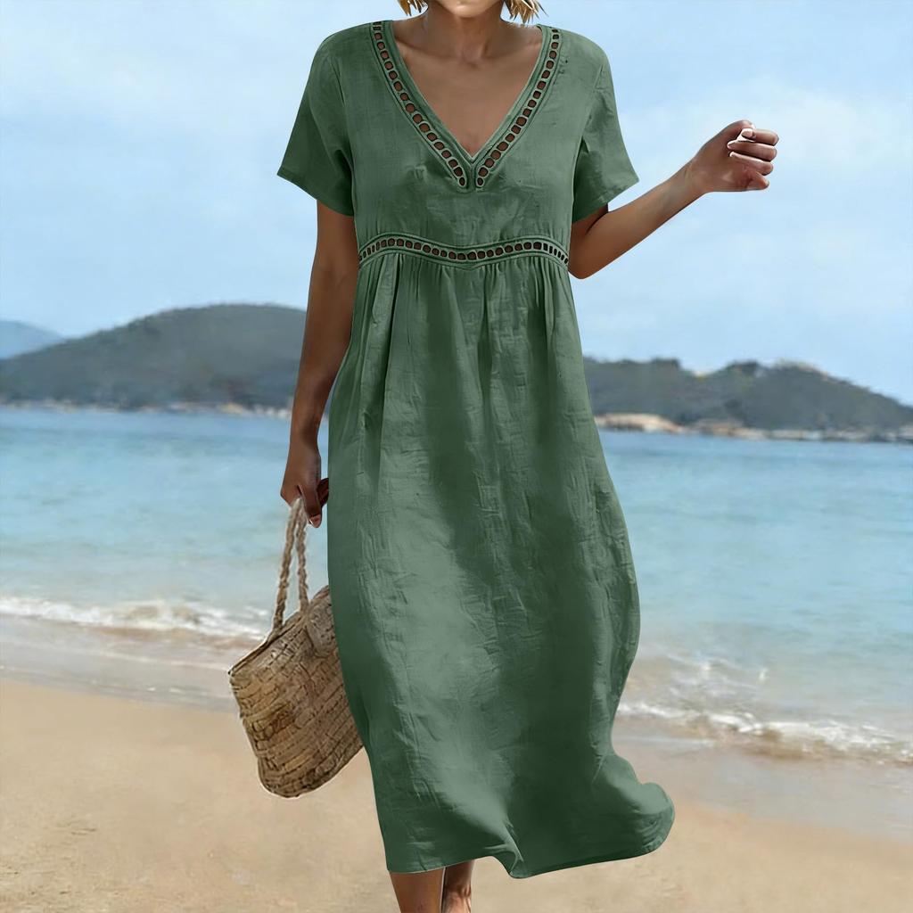 Women’s Summer V Neck Short Sleeve Cotton Linen Dress Hollow Lace Trim Loose Fit Midi Casual Dress for Daily Wear