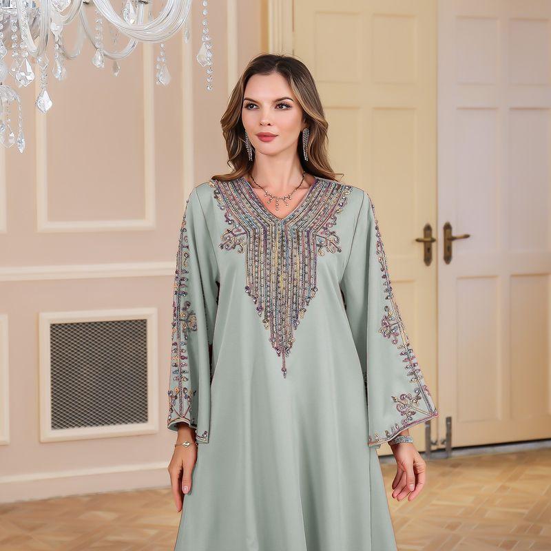 Middle East Indonesia Arab Turkish Women's 2024 Summer Rope Embroidered Robe Long Dress Dubai Saudi Dresses