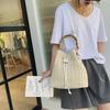 Bolso de hombro tipo cubo femenino de paja de ratán de verano hecho a mano, de gran capacidad, de tela, para playa, con asa superior de madera, tipo bandolera