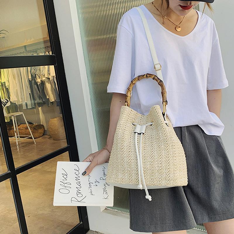 Bolso de hombro tipo cubo femenino de paja de ratán de verano hecho a mano, de gran capacidad, de tela, para playa, con asa superior de madera, tipo bandolera