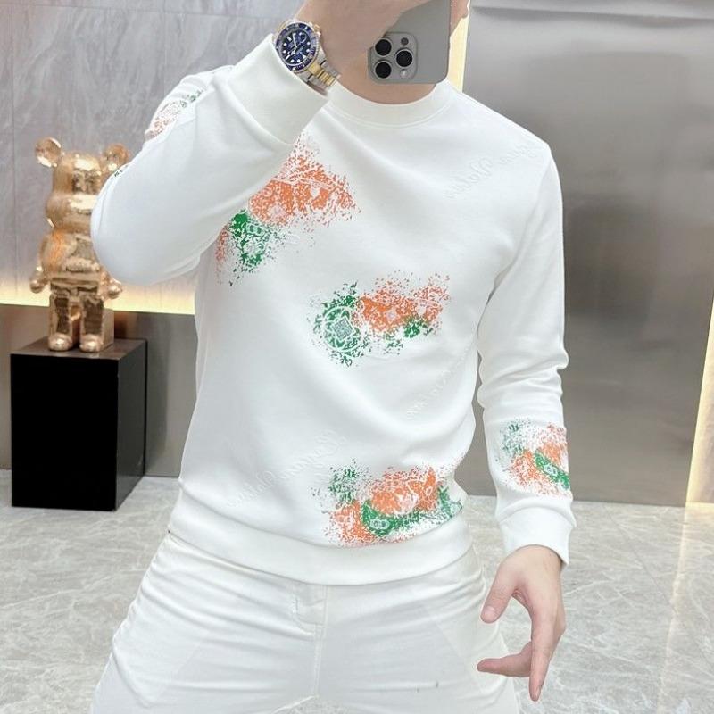 Men Spring Autumn Korean Fashion Print Slim All Match Sweatshirt Male Casual White Round Neck Long Sleeve Pullover Tops