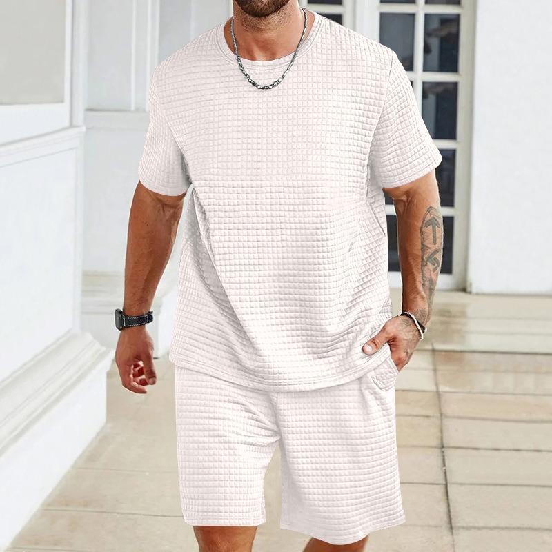 New Men's Sports and Leisure Suit Solid Color Crew Neck Shirt Shorts Piece Set Fashion Men's Summer Suit