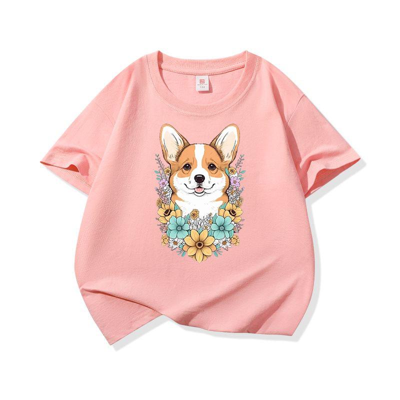 Welsh Corgi Surrounded Colorful Blooms Graphic Tee Kids 100 Cotton Crew Neck T Shirt Cute Puppy Print Short Sleeve Stylish Top