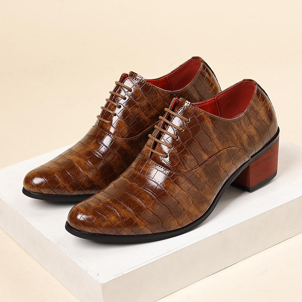 Fashionable Casual Leather Shoes Fashionable 5cm Heel Addition Men's Checkered Pattern High-Heel Chunky Heel Wedding Shoes 6cm Comfortable Shoes