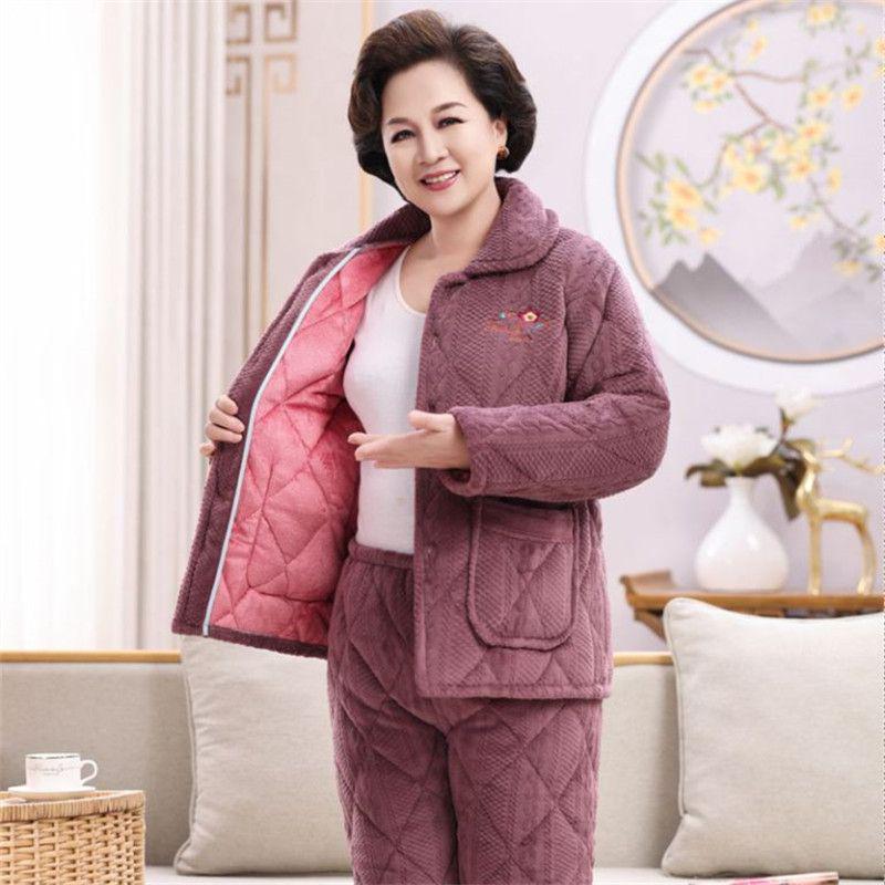 Three-Layer Fleece-Lined Quilted Winter Pajama Set for Elderly Women - Warm Coral Fleece Home Wear & Outerwear