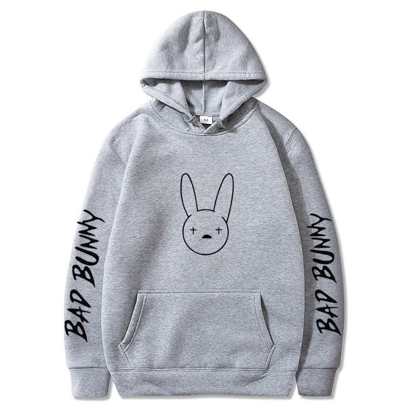 Bad Bunny Print Fleece Hoodie Unisex Casual Pullover Streetwear Customizable Sweatshirt