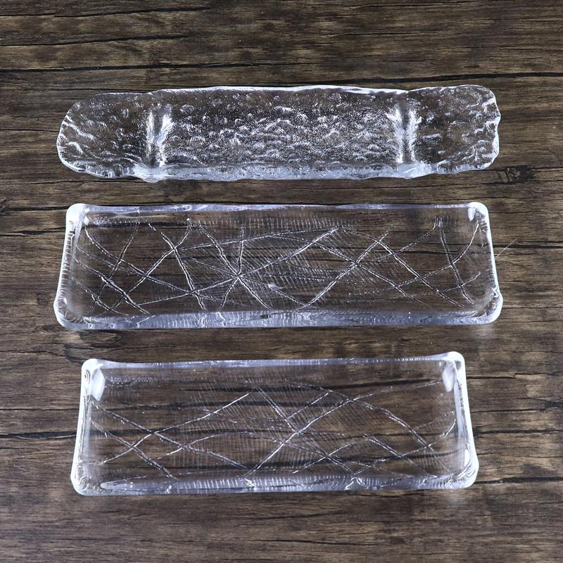 Ιαπωνική Γυάλινη Μακρόστενη Πιατέλα Δημιουργικές Διαφανείς Ορθογώνιες Πιατέλες Ακανόνιστης Υφής Γυάλινη Πιατέλα Σούσι Ειδικά Επιτραπέζια Σκεύη