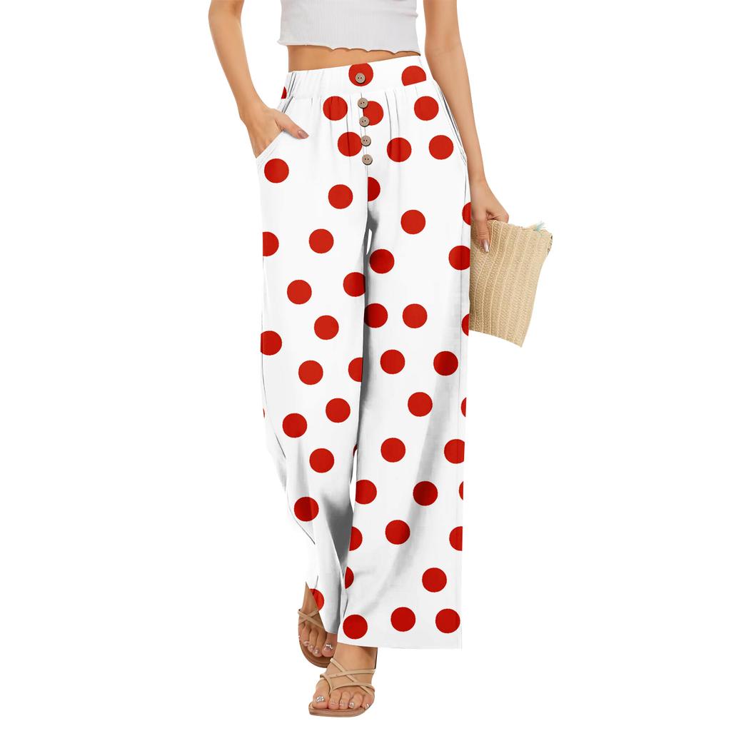 Calças Largas Femininas com Estampa de Bolinhas e Cintura Elástica com Botão e Bolsos para Uso Casual de Verão