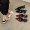 Thick heel shallow mouth bag head sandals empty women's shoes spring and summer 2025 new patent leather pointed middle heel with skirt single shoes