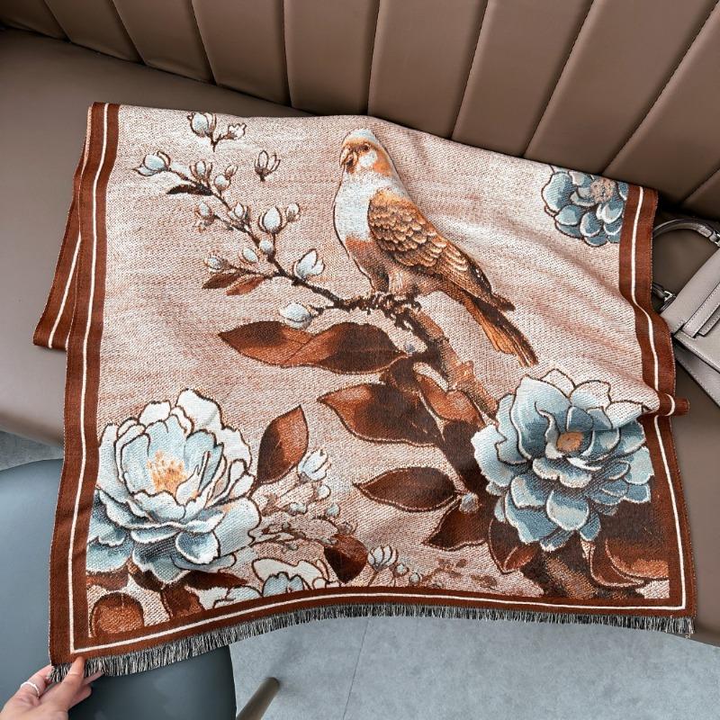 Retro bird flower shawl women's autumn and winter travel versatile multi-functional warm scarf double-sided scarf