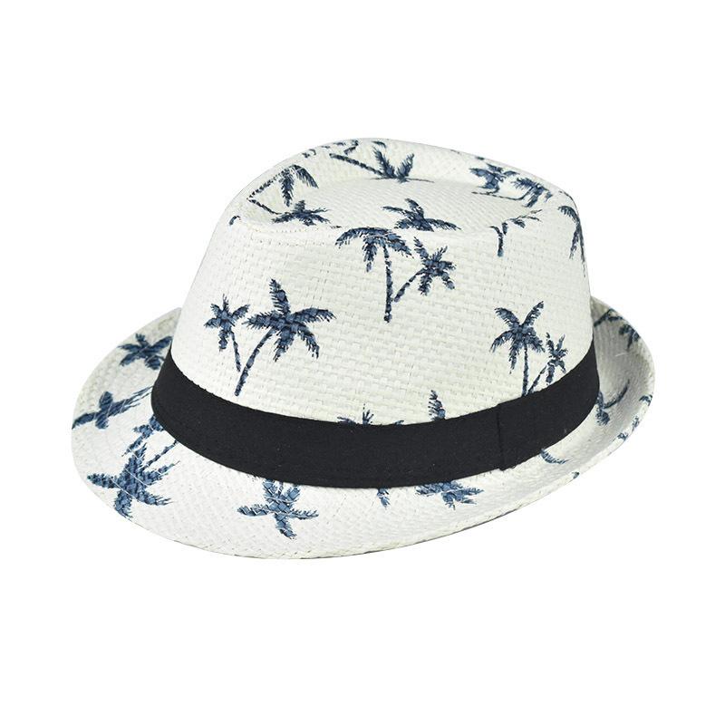 Summer braided sunshade top hat Men's coconut tree printed beach sunscreen hat Small brim paper jazz hat Sunscreen sun hat
