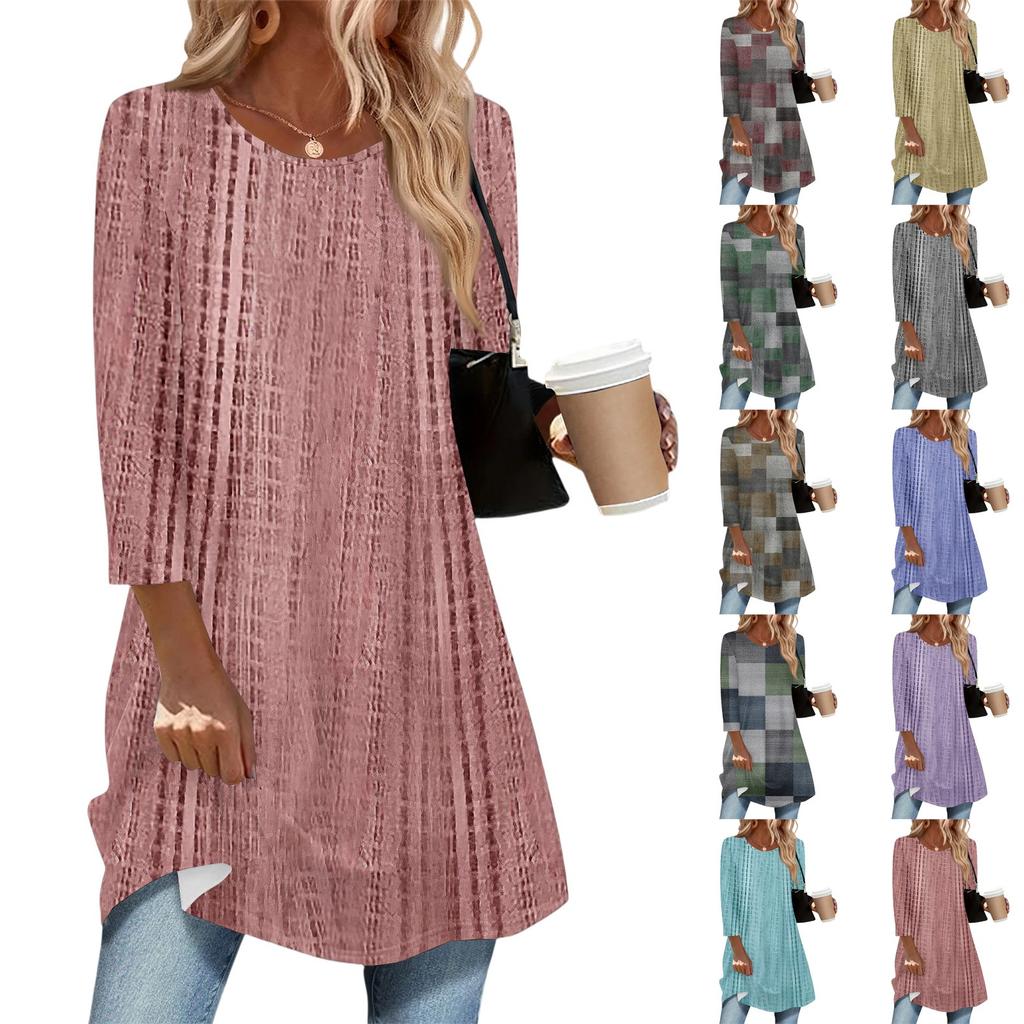 Women's Fashion Casual Three-quarter Sleeve Long Retro Printed Round Neck Top