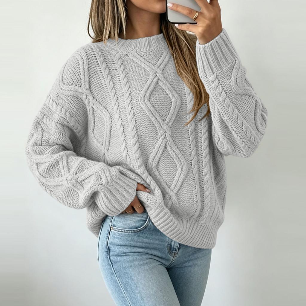 Women's Cable Knit Pullover Sweater - Loose Fit Neck Casual Top for Everyday Wear
