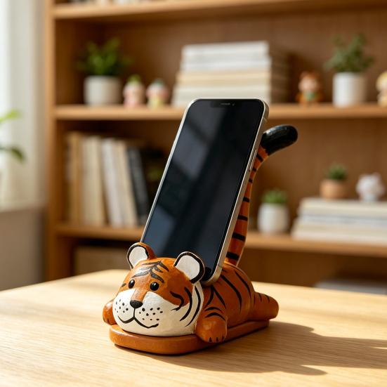 Tiger Cat Desktop Ornament Wooden Phone Stand, Ornament, Cute Artistic Sculpture Animal Holder, Handmade Decor, Creative Gift for Friends Office Desk