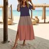Women Fashion Round Neck Dazzling Dyeing Splicing Geometry Printed Short Sleeve Side Slit Dress Casual Vacation Dress Long Loose Dress