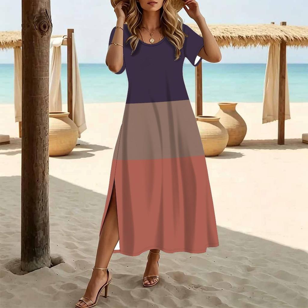 Women Fashion Round Neck Dazzling Dyeing Splicing Geometry Printed Short Sleeve Side Slit Dress Casual Vacation Dress Long Loose Dress