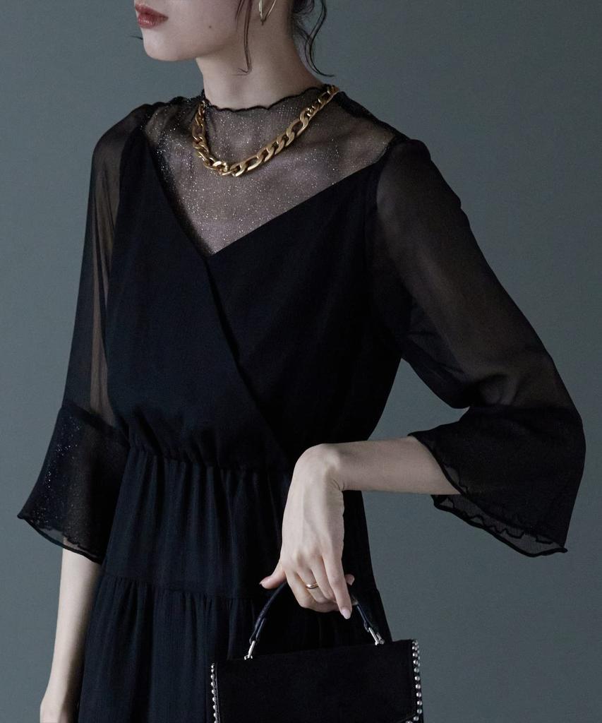 Tulle Chiffon Dress One Piece Black S [Etoll] Lamé Women's Cache-Coeur