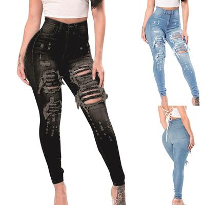 Mulheres Slim Lavado Rasgado Buraco Gradiente Longo Jeans Denim Sexy Calças Regulares