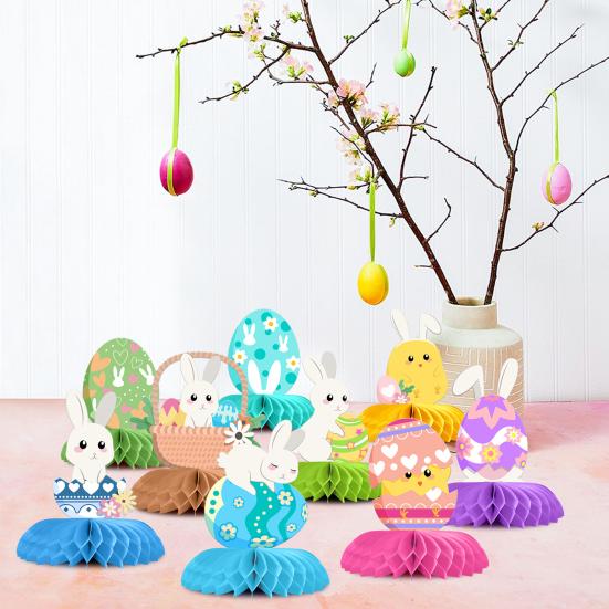 9 delar påskdekorationer med honungskaka och äggtema, bordsdekorationer för bordsfest, heminredning, festliga 3D-honungskakabolldekorationer