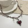 Y2K Spicy Girl Sliver Color Thorn Winding Cross Tassel Red Drip Glaze Heart Pendant Necklace for Women Personality Punk Jewelry