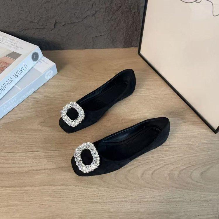 Chaussures à bout peu profond esthétiques en strass noir épais à talon épais pour femme, nouvelles chaussures de printemps, chaussures plates Mary Jane avec jupe