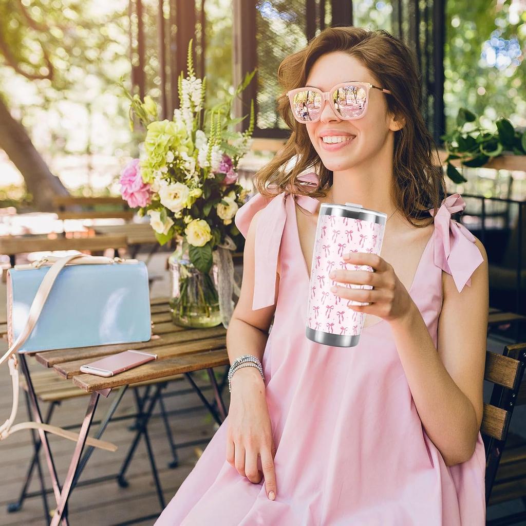 Whaline Pink Bow Tumbler Stainless Steel Travel Tumbler with Lid Straw Brush Coquette Bowknot Coffee Mug Cup for Women Friend Holiday Birthday Party