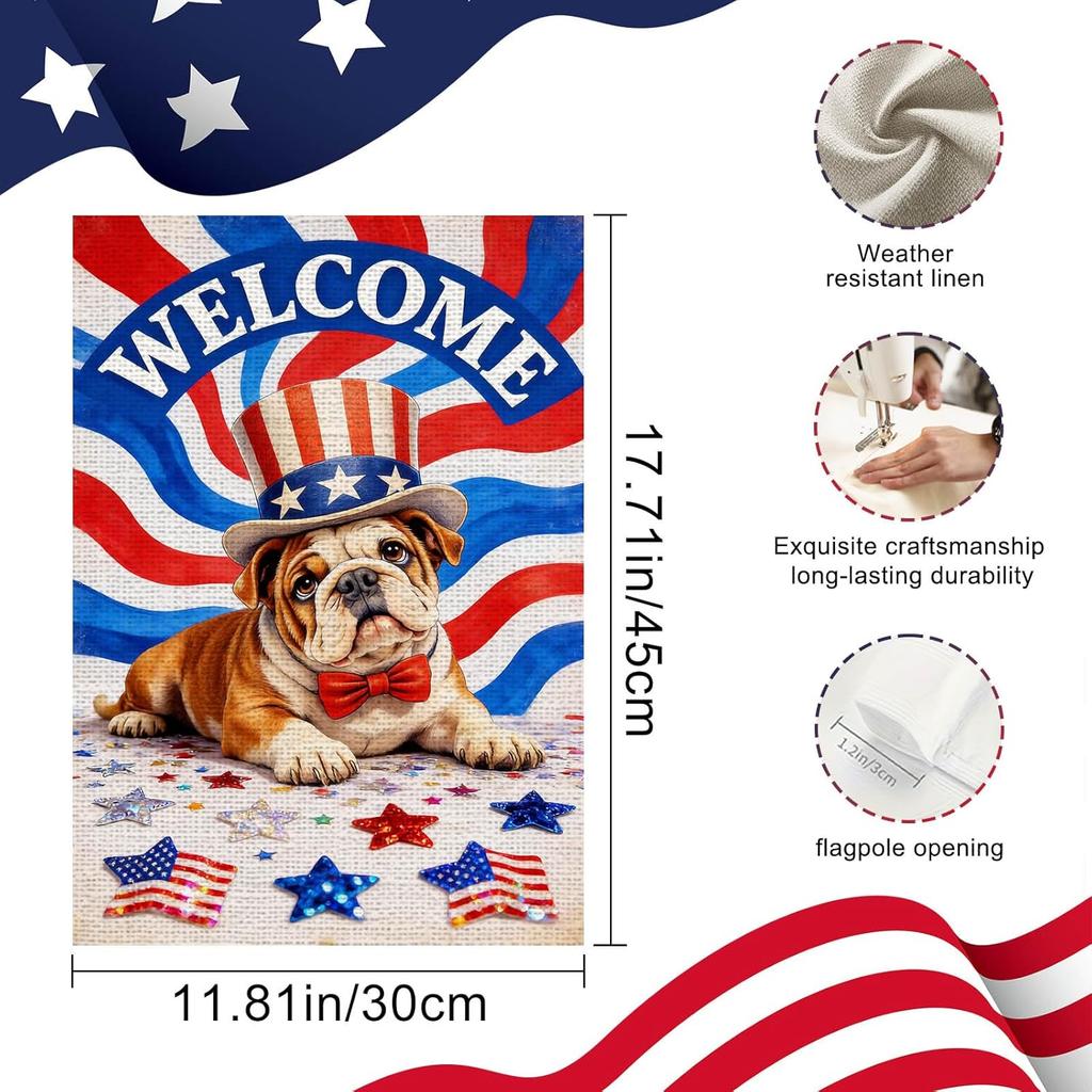 IVN 4th of July Bulldog Welcome Uncle Sam Hat Patriotic Stars Garden Flag 12x18 Vertical Double Sided Memorial Day Independe