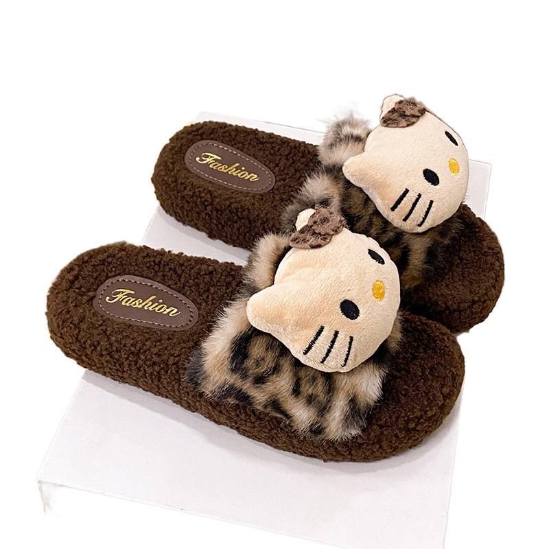 Women's Fuzzy Leopard Print Cat Slippers: Warm, High-Value, Thick Sole, One-Strap Winter Style