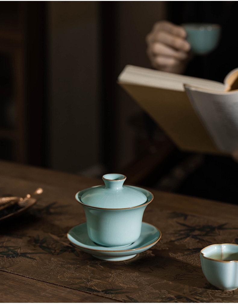 Ru Kiln Gaiwan Tea Set: Handmade Jingdezhen Kung Fu Ceramic with Three Talents Tea Cups in Retro Porcelain Gift Box