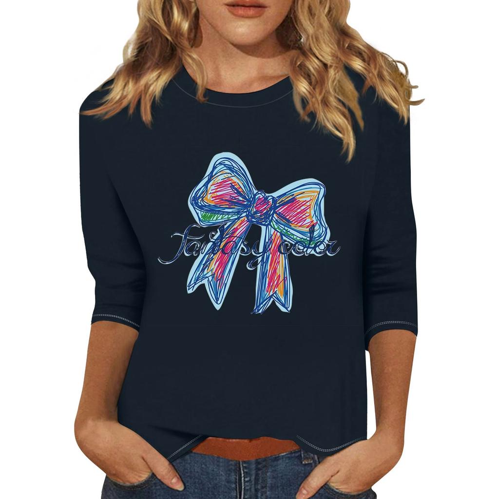 Women's Fashionable Casual Three Quarter Sleeve Printed Collar Pullover Top