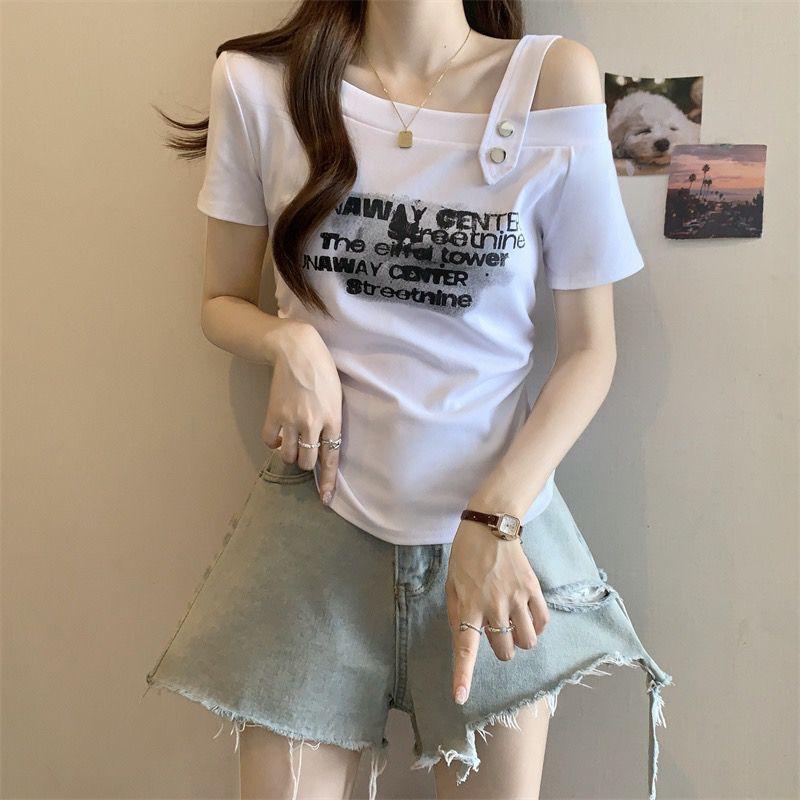 

Модная женская футболка с короткими рукавами и открытыми плечами, летний топ с буквенным принтом S белый