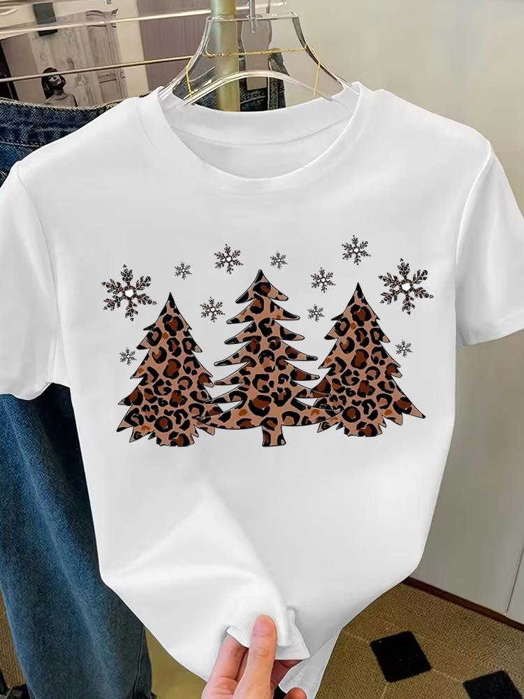 (Asian Size) Sweet Cute Merry Christmas Short Sleeve T-shirts Women's Top O-neck T Shirt Print Fashion Casual New Year Clothing Graphic Tee