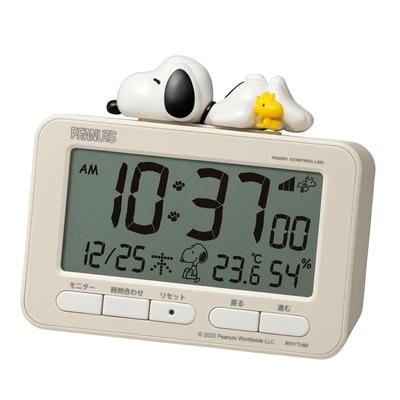 RHYTHM Snoopy Wecker, digitaler Funkwecker, 3D-Figur, elektronischer Tonalarm, Thermometer, Hygrometer, Kalender, Beige, 12 x 8RZ235MS38 (Schlummern