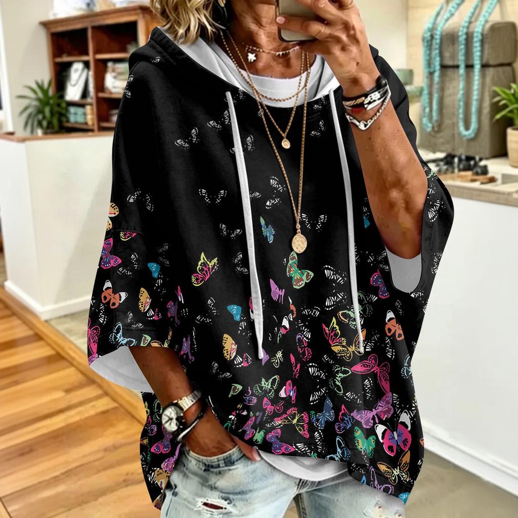 Women's Drawstring Hoodie Retro Floral Print Loose Fit Casual Sweatshirt