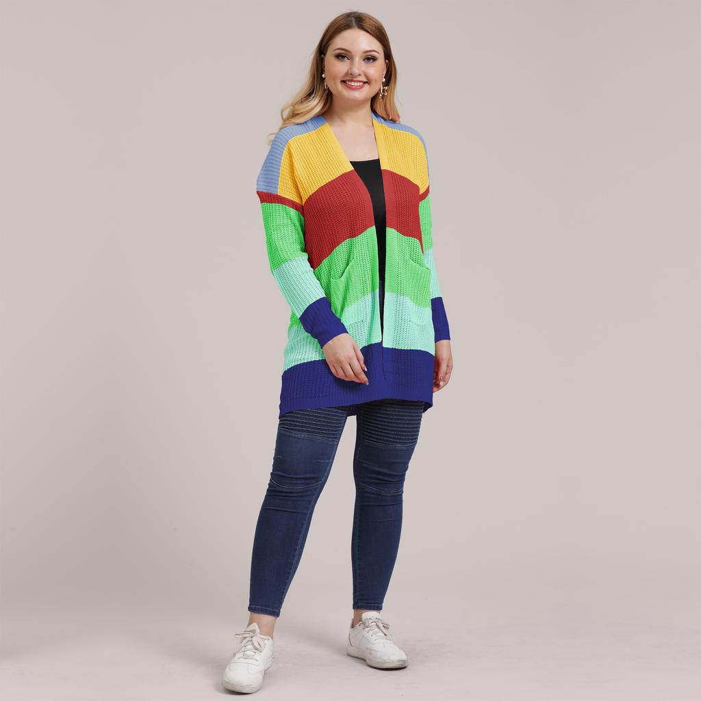 Women's Autumn and Winter Large Size Striped Patchwork Woven Jacket Sweater