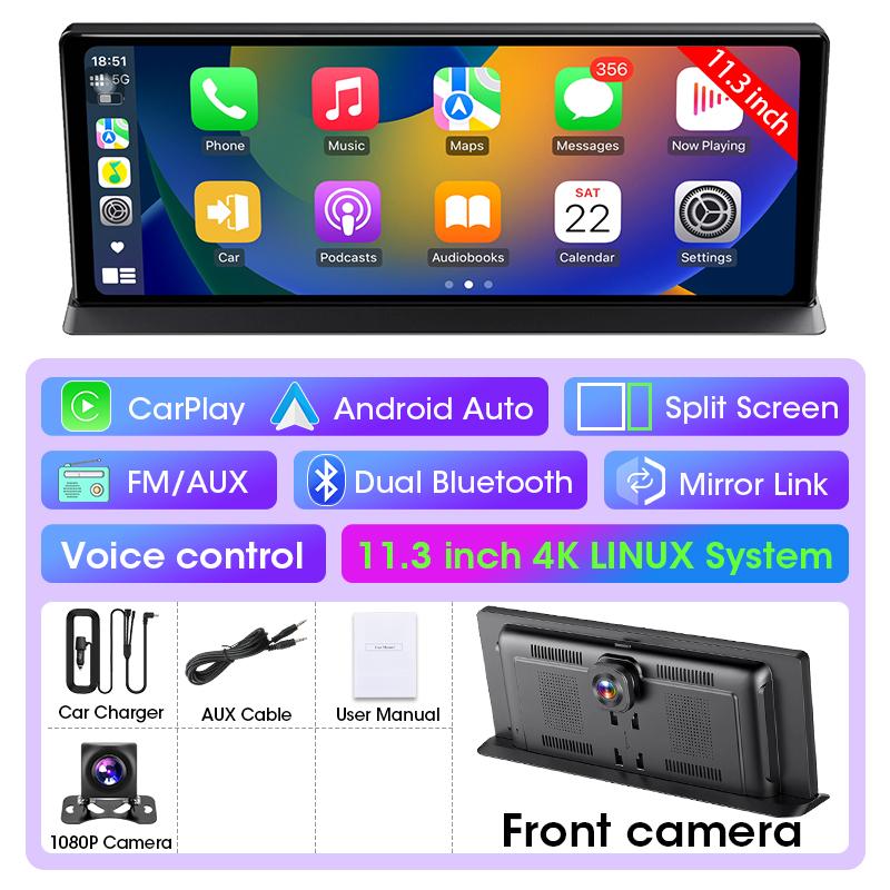 11.3" Car DVR 4K Dash Cam Wireless Carplay Android auto Ai Screen Dual Len Video Recorder 1080P Rear view Camera GPS Navigation
