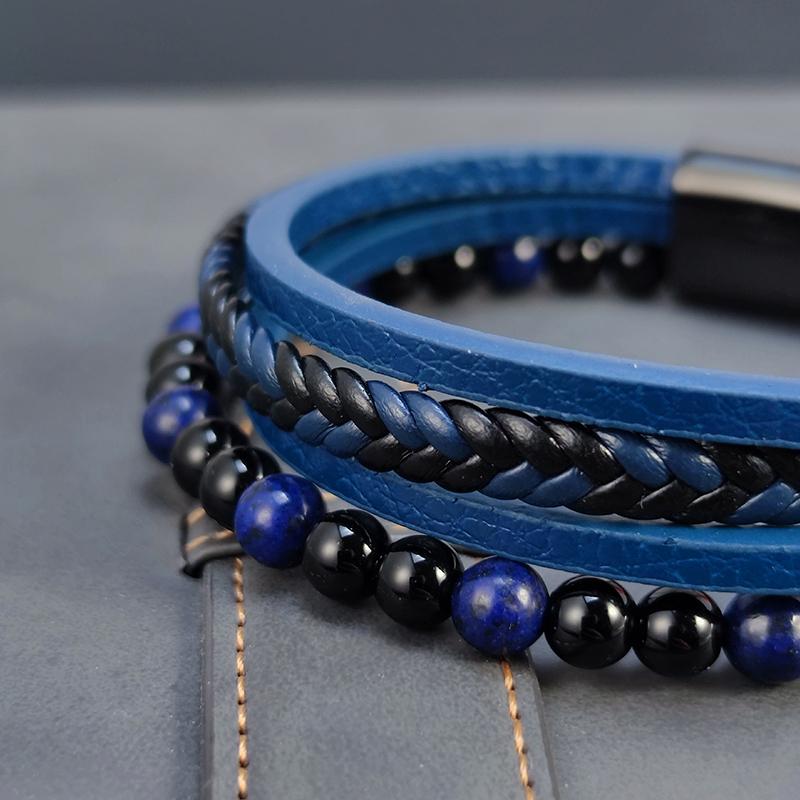 2026 New Punk Men Beaded Bracelets Classic Fashion Blue Lapis Lazuli Beaded Multilayer Leather Bracelet For Men Jewelry Gift