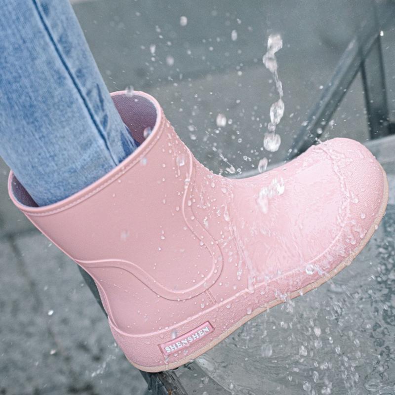 2026 Women's High Top Flat Sole Slip-On Rain Boot Soft Sole Non Slip Waterproof Detachable Cotton Cover Kitchen Work Shoe